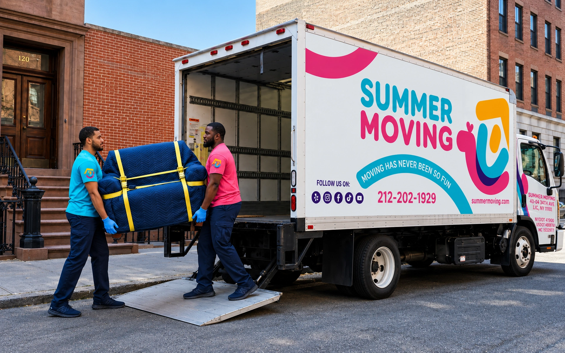 Two Summer Moving crew members carry a blanket-wrapped sofa up the ramp into a branded box truck on a New York City street.