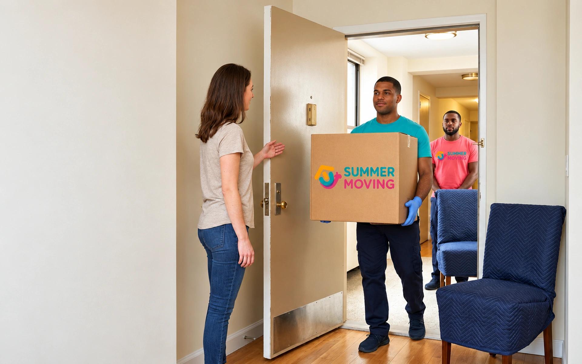 A Summer Moving crew delivers a branded box and an armchair through an apartment doorway as a resident greets them.