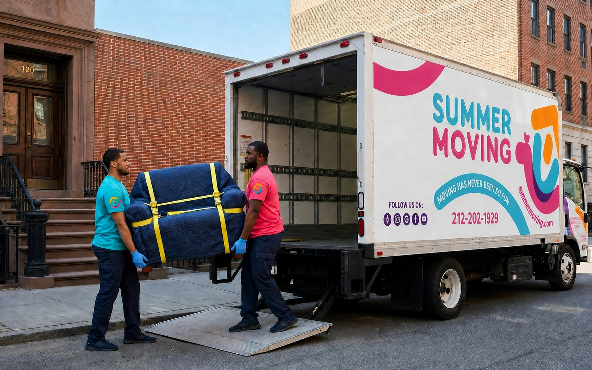 Two Summer Moving crew members carry a blanket-wrapped sofa up the ramp into a branded box truck on a New York City street.