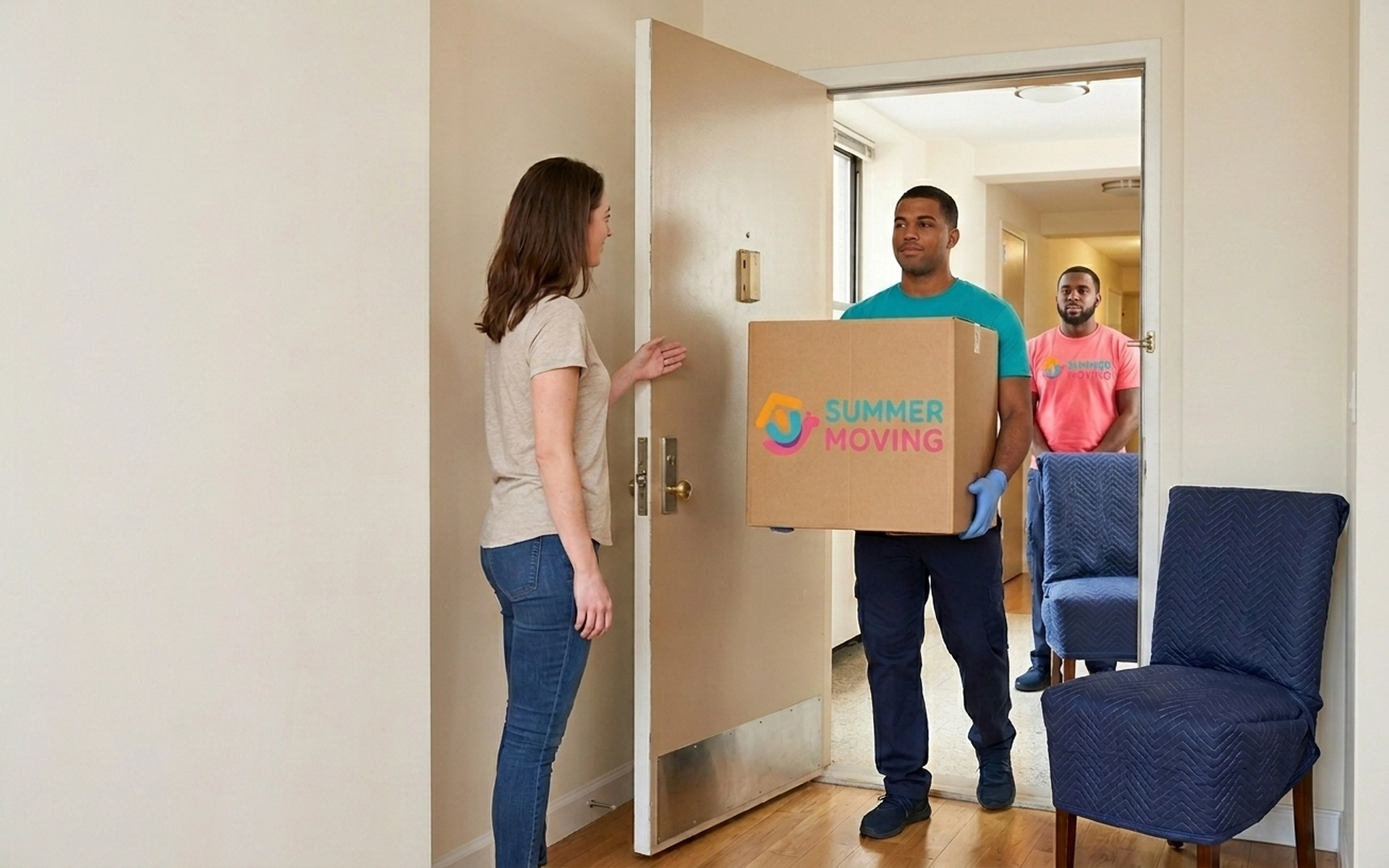 A Summer Moving crew delivers a branded box and an armchair through an apartment doorway as a resident greets them.