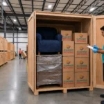 A Summer Moving team member checks a customer's wrapped furniture and labeled boxes inside an organized storage warehouse.