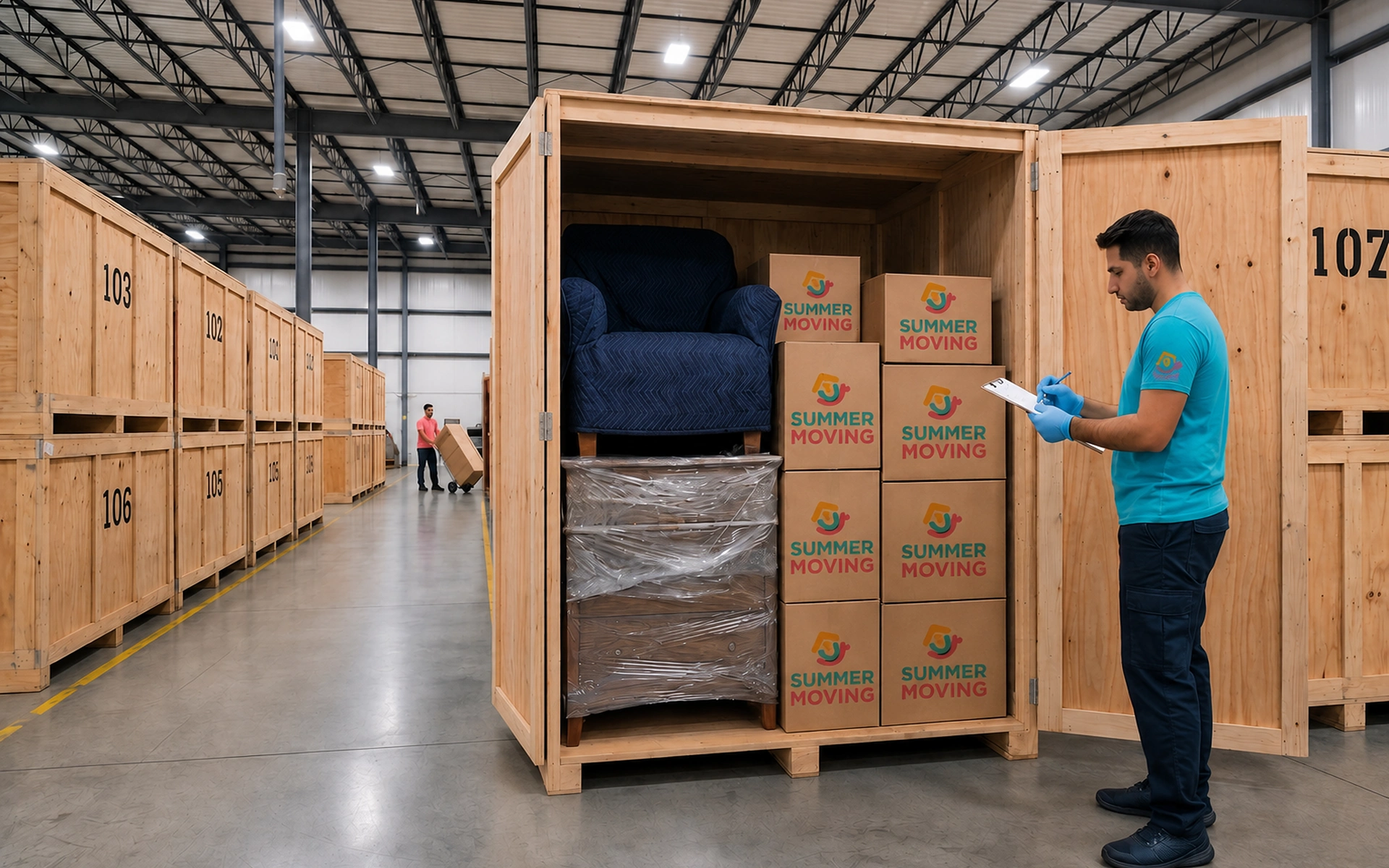 A Summer Moving team member checks a customer's wrapped furniture and labeled boxes inside an organized storage warehouse.