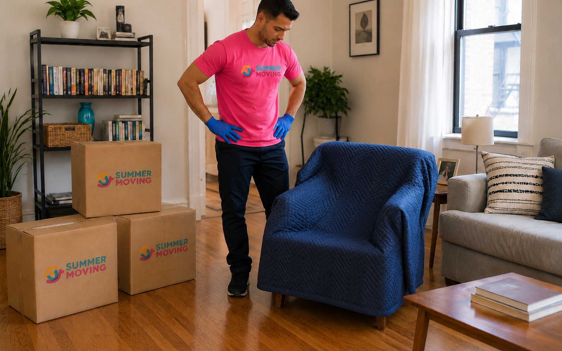A Summer Moving crew member inspects a blanket-wrapped armchair and labeled boxes in a New York City apartment before pickup.