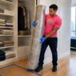 A Summer Moving crew member carries a rolled rug from a bedroom closet in a New York City apartment with a skyline view.