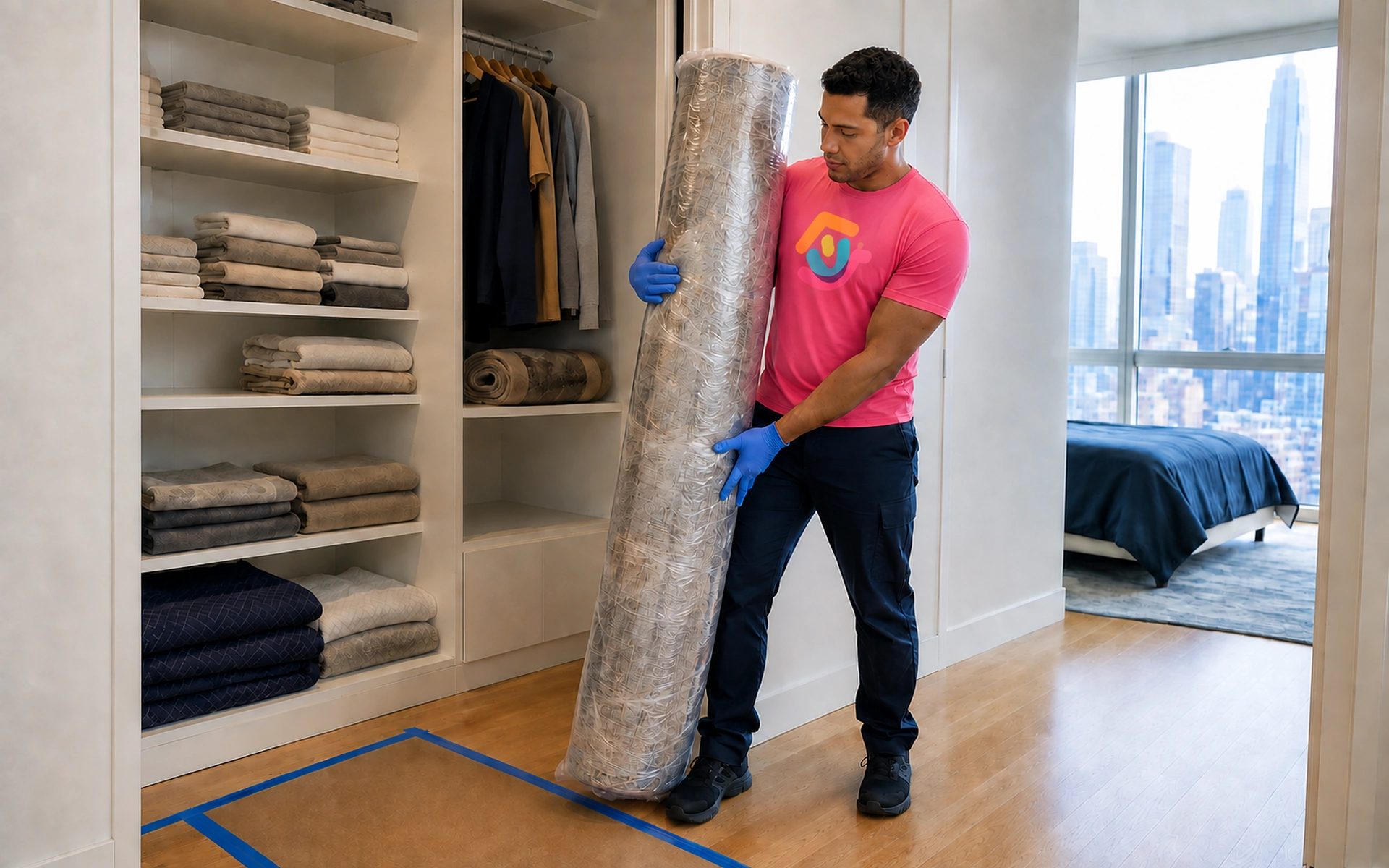 A Summer Moving crew member carries a rolled rug from a bedroom closet in a New York City apartment with a skyline view.