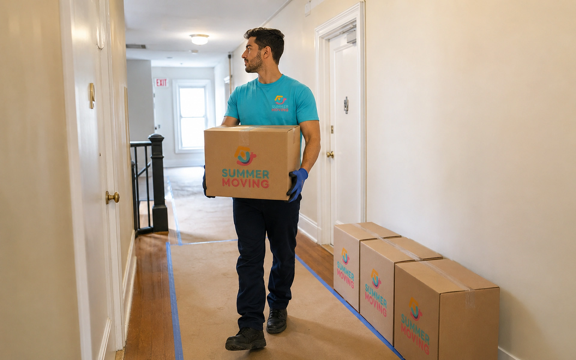 A Summer Moving crew member carries a branded box down an apartment hallway past a stack of packed boxes.