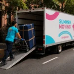 A Summer Moving crew member loads a blanket-wrapped armchair up the ramp of a branded box truck parked at a New York City curb.