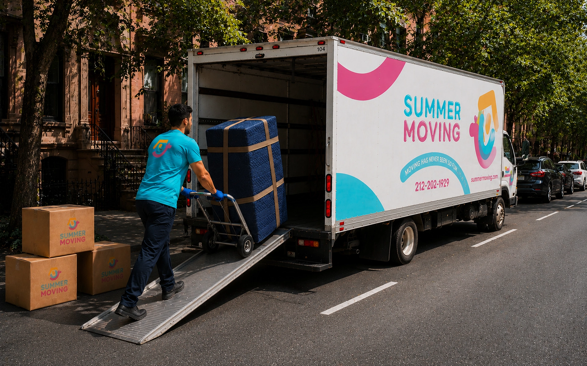 A Summer Moving crew member loads a blanket-wrapped armchair up the ramp of a branded box truck parked at a New York City curb.