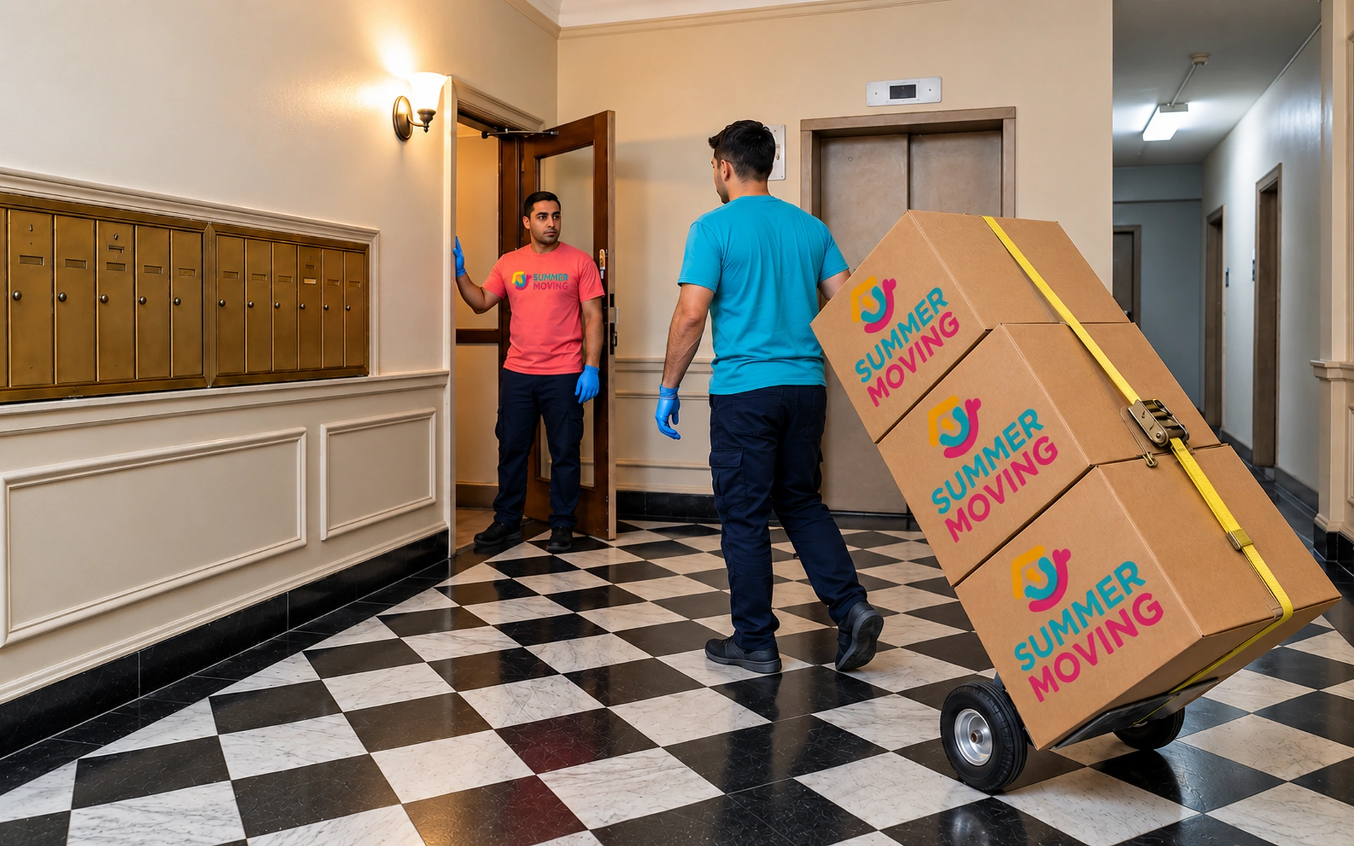 Summer Moving crew members wheel a stack of branded boxes on a hand truck through the lobby of a prewar New York City building.