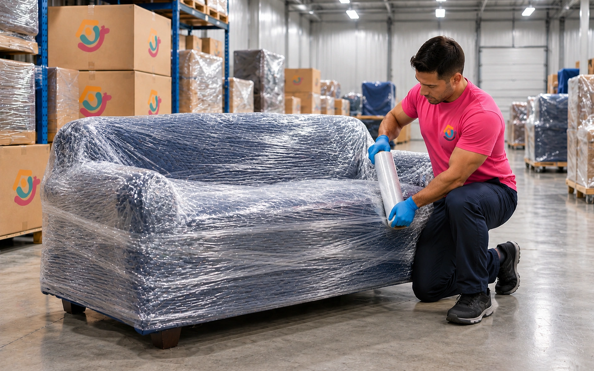 A Summer Moving team member straps a blanket-wrapped sofa into place inside a clean, climate-controlled storage warehouse.