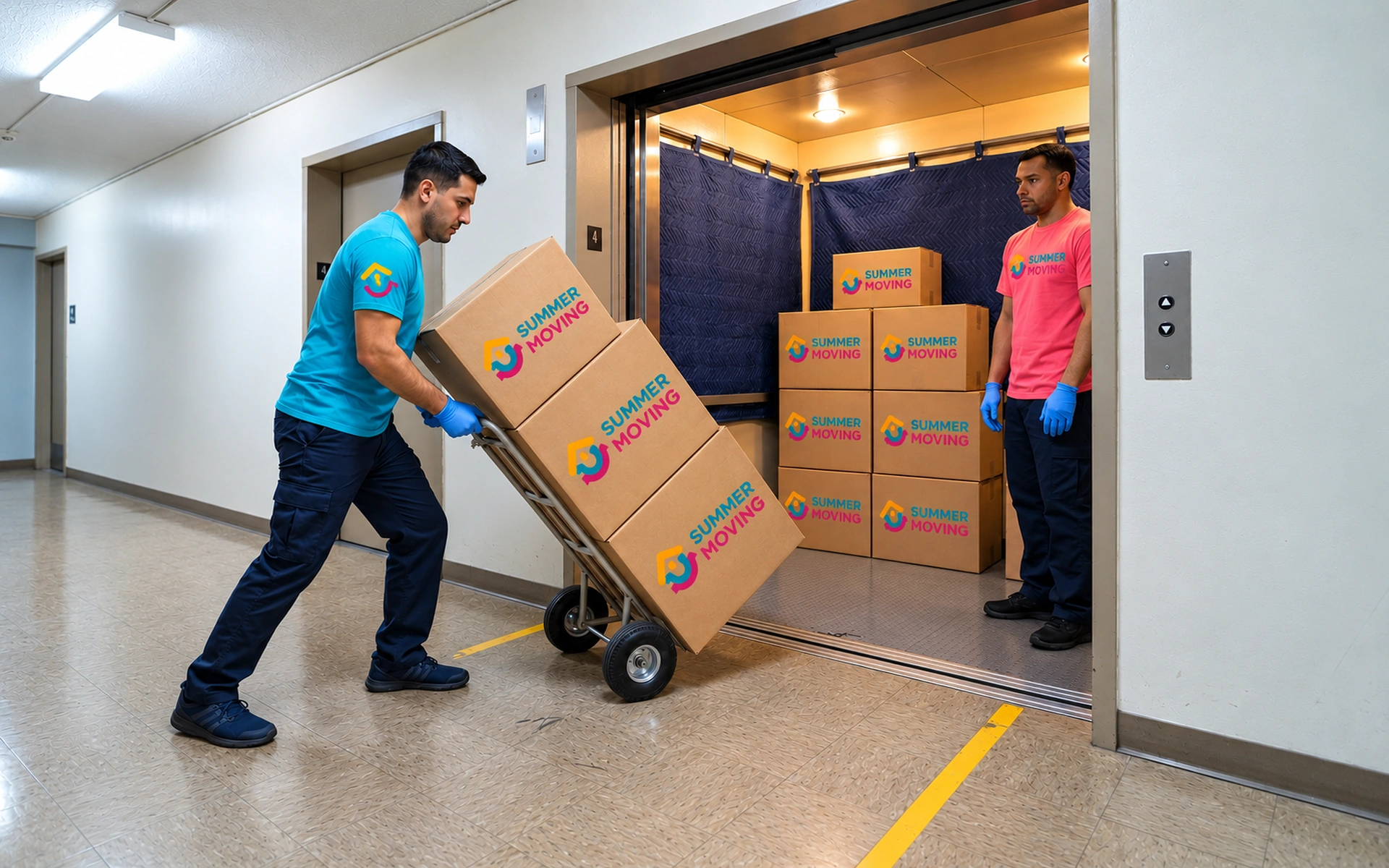 A Summer Moving crew member wheels a hand truck of labeled boxes into a building elevator during a storage pickup.
